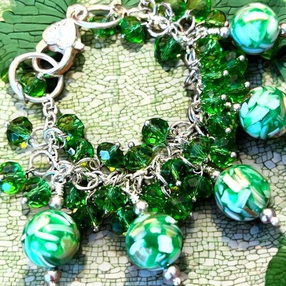 Jewelry - Green glass and swarovski crystal charm bracelet. Recycled green bottle glass.